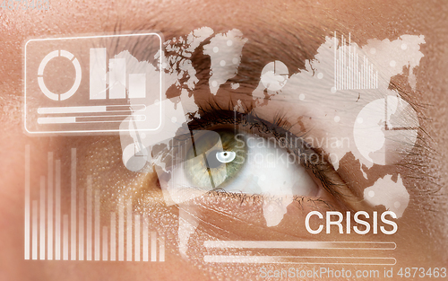 Image of Interface modern technology and digital layer effect in front of close up human eye full of sadness as business, finance crisis, economics recession, unemployment concept