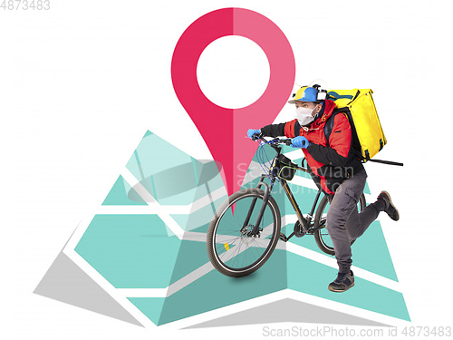 Image of Home delivery, food purchase via the Internet. Deliveryman on bike arriving to any address worldwide on the map with your order.