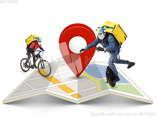 Image of Home delivery, food purchase via the Internet. Deliverymen on unicycle and bike arriving to any address worldwide on the map with your order.