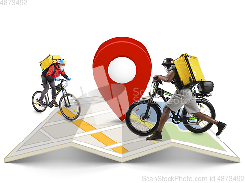 Image of Home delivery, food purchase via the Internet. Deliverymen on bikes arriving to any address worldwide on the map with your order.