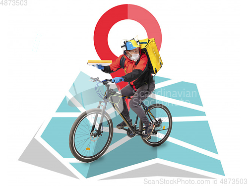 Image of Home delivery, food purchase via the Internet. Deliveryman on bike arriving to any address worldwide on the map with your order.