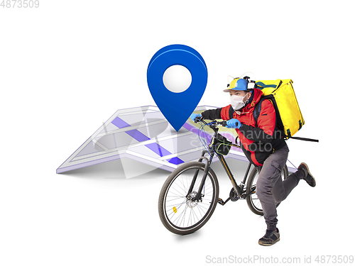 Image of Home delivery, food purchase via the Internet. Deliveryman on bike arriving to any address worldwide on the map with your order.