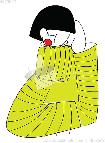 Image of Girl wearing yellow knitted sweater basic RGB vector on white ba