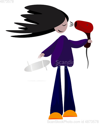 Image of Clipart of a girl drying her hair with the help of a red-colored