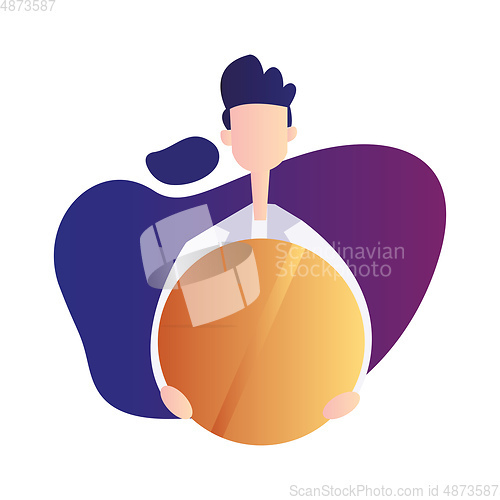 Image of Male doctor holding huge orange pill inside a purple bubble vect