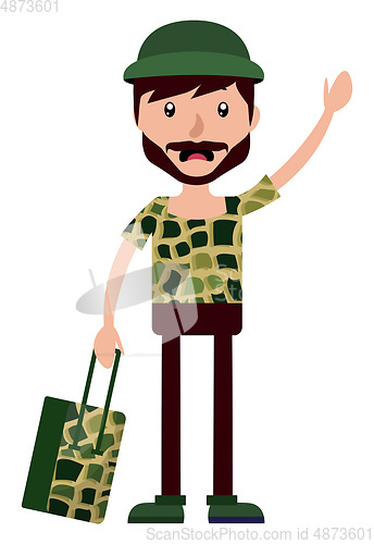 Image of Young man waving at someone and holding a suitcase illustration 