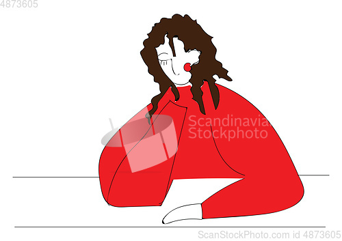 Image of Girl in red sweater and brown curly hair  vector illustration on