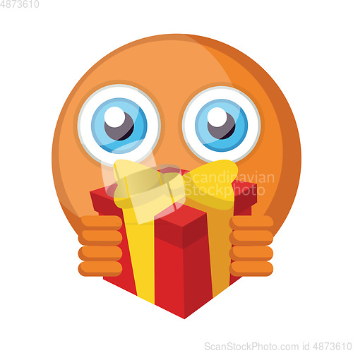 Image of Round orange emoji holding a present vector illustration on a wh