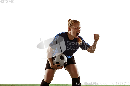 Image of Female soccer, football player celebrating goal winning with bright expressive emotions isolated on white background