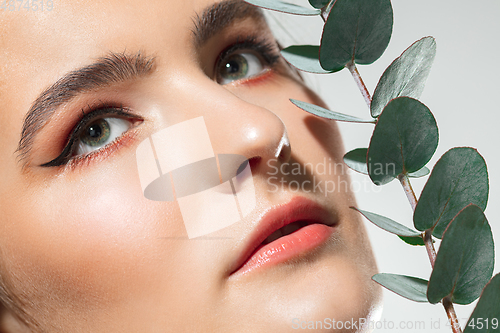 Image of Close up of beautiful female face with organic treatment over white background. Cosmetics and makeup, natural and eco treatment, skin care.