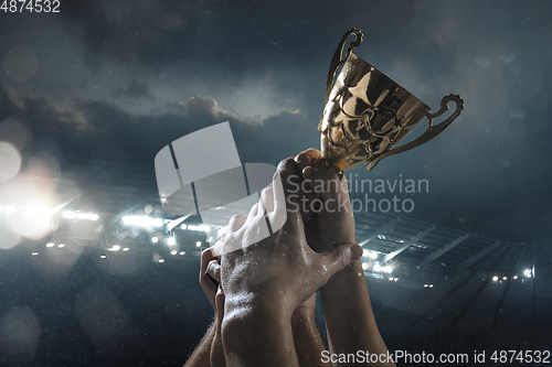 Image of Award of victory, male hands tightening the cup of winners against cloudy dark sky