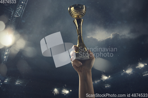 Image of Award of victory, male hands tightening the cup of winners against cloudy dark sky