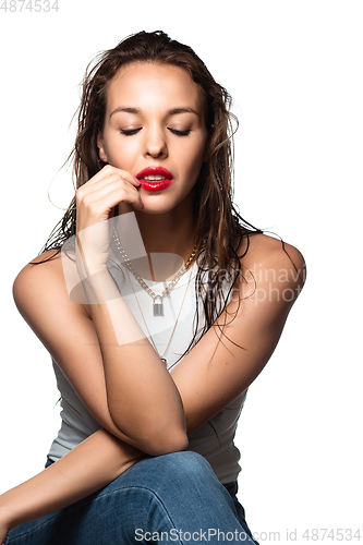 Image of Portrait of beautiful stylish woman isolated on white studio background