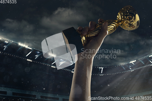 Image of Award of victory, male hands tightening the cup of winners against cloudy dark sky