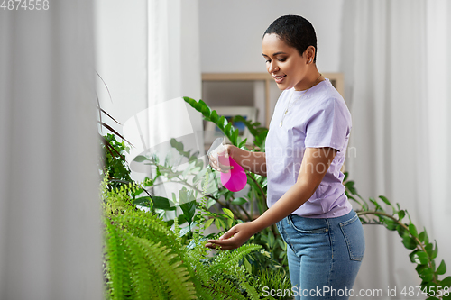 Image of woman spraying houseplant with water at home