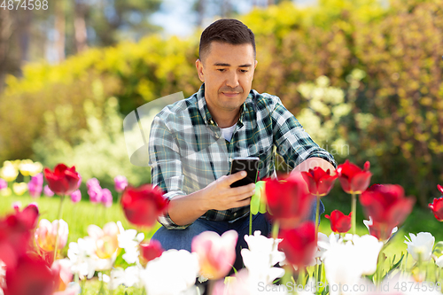 Image of middle-aged man with smartphone at flower garden