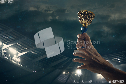 Image of Award of victory, male hands tightening the cup of winners against cloudy dark sky