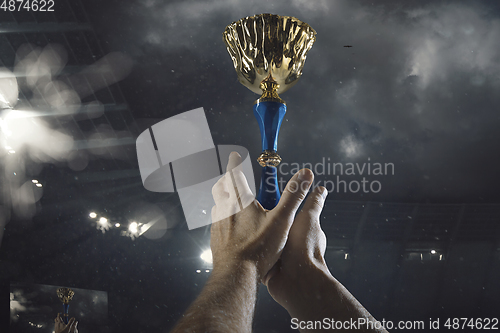 Image of Award of victory, male hands tightening the cup of winners against cloudy dark sky