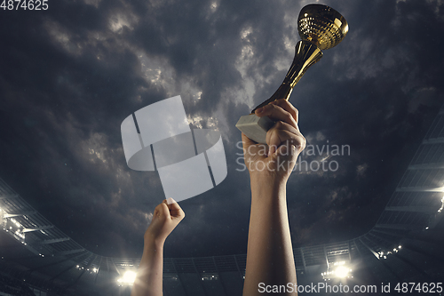 Image of Award of victory, male hands tightening the cup of winners against cloudy dark sky