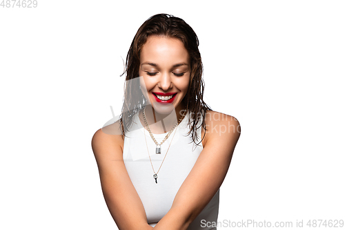 Image of Portrait of beautiful stylish woman isolated on white studio background