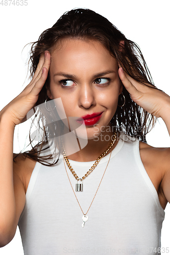 Image of Portrait of beautiful stylish woman isolated on white studio background