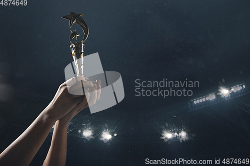 Image of Award of victory, male hands tightening the cup of winners against cloudy dark sky