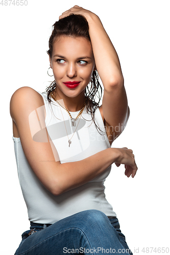 Image of Portrait of beautiful stylish woman isolated on white studio background