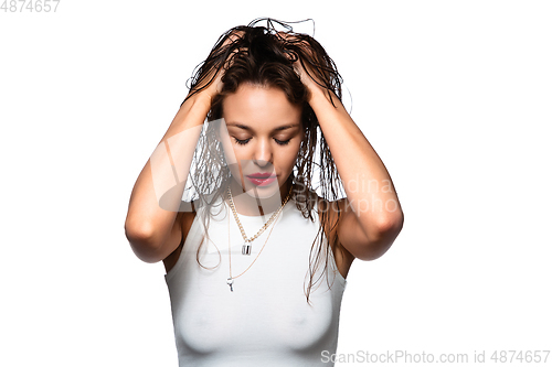 Image of Portrait of beautiful stylish woman isolated on white studio background