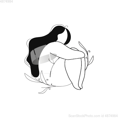 Image of Line art of a girl in long black hair sitting in crouching posit