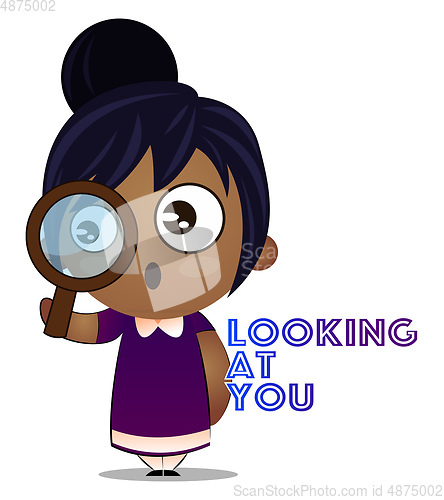 Image of Little girl with magnifying glass, illustration, vector on white