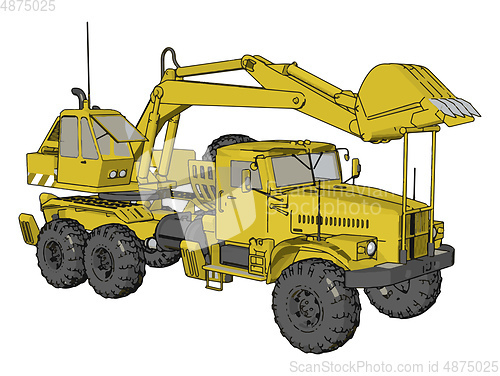 Image of 3D vector illustration of yellow big excavator machine on white 