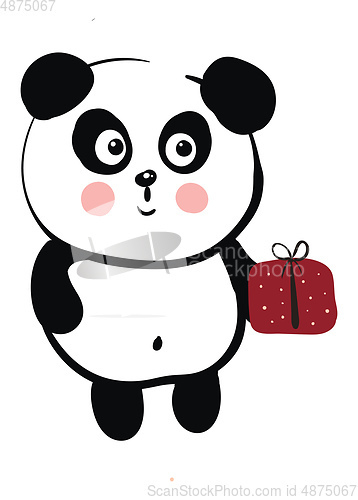 Image of Cute black and white panda holding a red gift vector illustratio