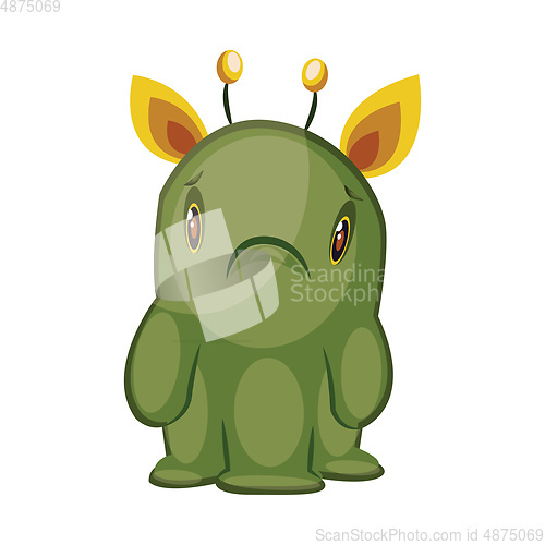 Image of Illustration of sad green monster with yellow ears and three leg