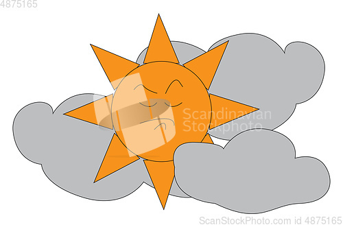 Image of Angry sun in between clouds illustration print vector on white b