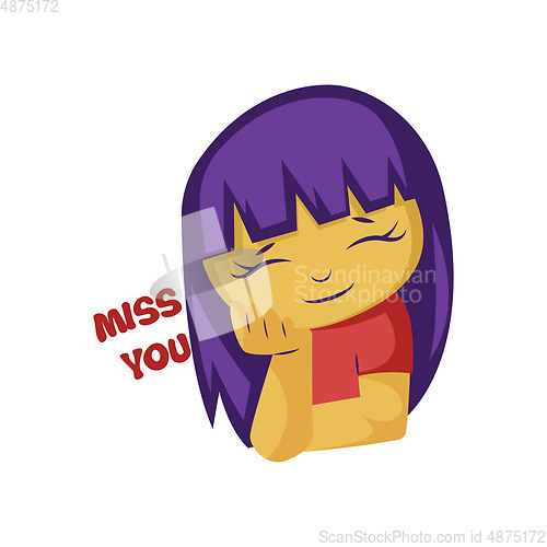 Image of Girl with purple hair next to Miss you text vector illustration 