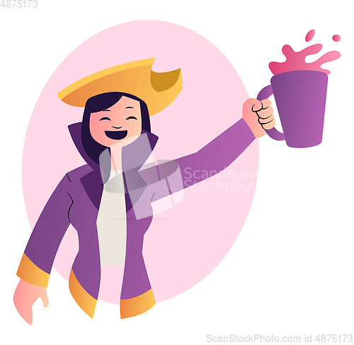 Image of Cartoon woman in purple suit celebrating vector illustration on 