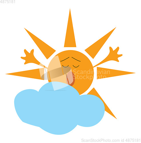 Image of Cartoon of a yawning yellow sun and a blue cloud vector illustra