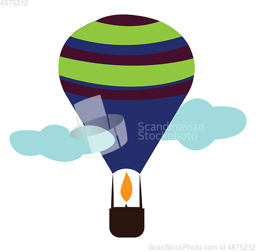 Image of Hot air balloon with a brown basket and blue green and purple ba