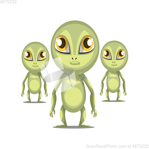 Image of Three cartoon aliens with long arms and big eyes white backgroun