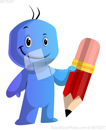 Image of Blue cartoon caracter holding a big pen illustration vector on w