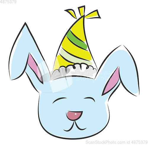 Image of Light blue smiling bunny with a yellow and green party hat vecto