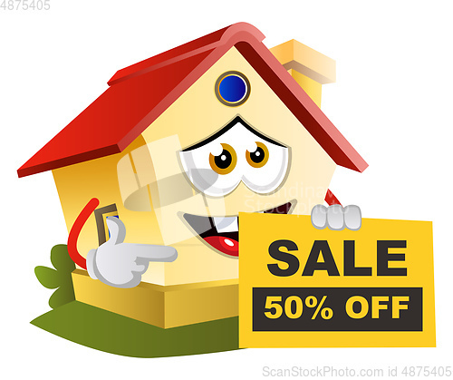 Image of House is pointing on a sale sign, illustration, vector on white 