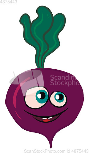 Image of Vector illustration of a smiling purple beet with green leaves w