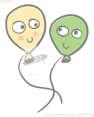Image of Two beautiful peach and green balloons with big round cartoon ey