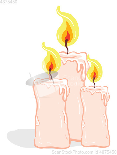 Image of Three rose-colored candles glowing with a bright yellow flame ve