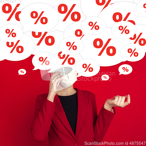 Image of Woman with big speech bubbles on her head like a hairstyle