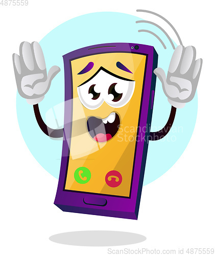 Image of Yellow mobile emoji with hands up illustration vector on white b