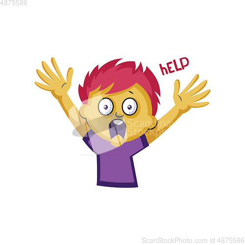 Image of Scared boy with pink hair waving for help vector illustration on