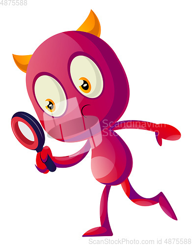 Image of Devil with magnifying glass, illustration, vector on white backg