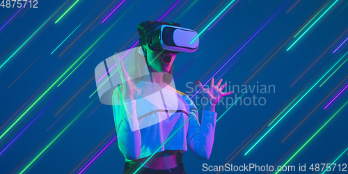 Image of Neon lighted, colored portrait with neon lines, flyer, proposal